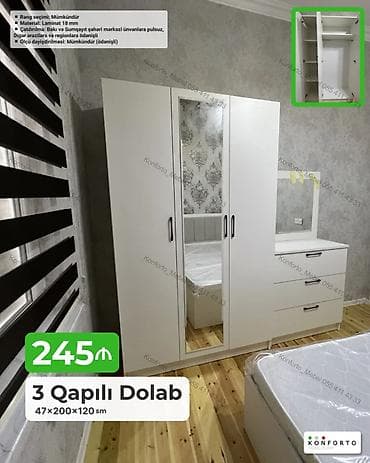 Mebel: 3 qapılı dolab – 47×200×120 sm - Material: 18 mm laminat - Rəng — 1