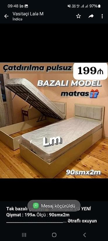 dosekler: *Tək bazalı çarpayı*👑 _*SİFARİŞLƏ VƏ YENİ*_ *Qiymət : 199₼* Ölçü  — 1