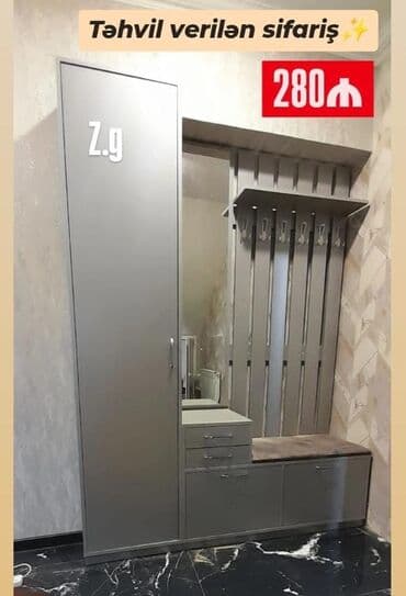 Dəhliz üçün çoxfunksiyalı mebel dəsti – boz rəngdə, müasir dizayn. -