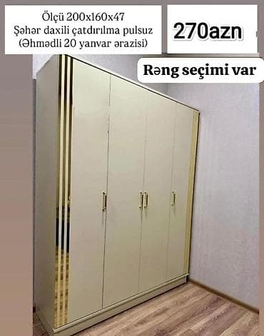Yeni, 4 qapılı, Digər rəng, Digər material, Açılan, Düz dolab