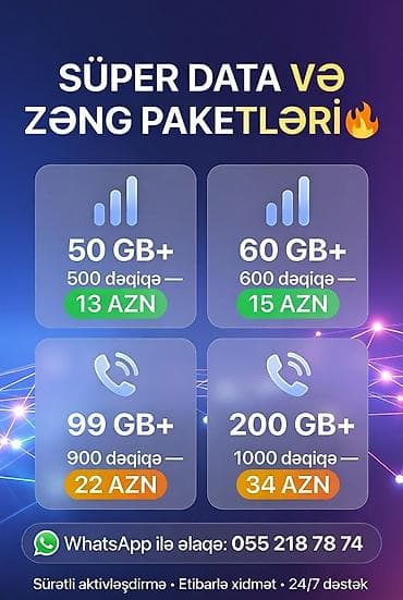 SÜPER DATA və Zəng Paketləri - 50 GB + 500 dəqiqə — 13 AZN - 60 GB +