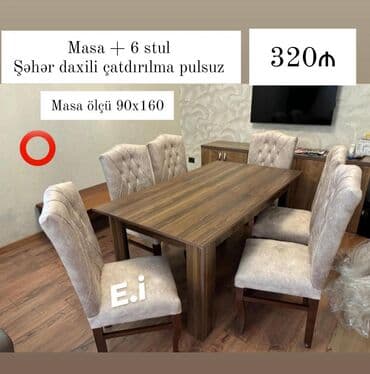 Qonaq otağı üçün, Yeni, Açılmayan, Dördbucaq masa, 6 stul