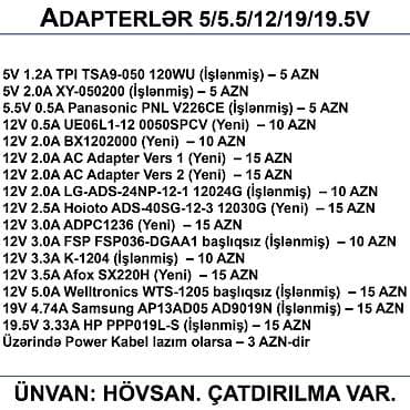 100 manatliq plansetler: Adapterlər “5/5.5/12/19/19.5V 0.5/1/2/3/4/5A” 📍Ünvan: Bakı şəh — 2