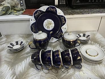 Çay dəsti, rəng - Göy, Farfor, 5 nəfərlik