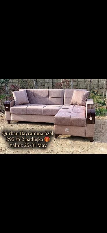 divan ustu: L‑şəkilli künc divan - Yumşaq parça üzlük, pastel çəhrayı‑bej — 1