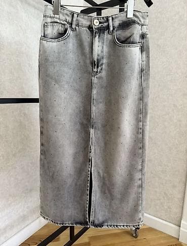 cins sarafan modelleri: Boz rəngli denim midi ətək - Material: qalın denim (cotton qarışımı) — 1