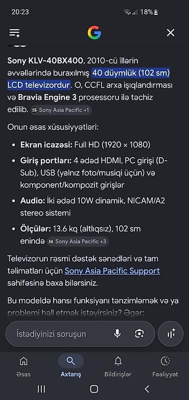 Sony KLV-40BX400 – 40 düymlük (102 sm) LCD televizor - Ekran icazəsi — 1
