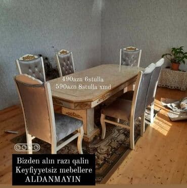 Masa və oturacaq dəstləri: Qonaq otağı üçün, Yeni, Açılmayan, Dördbucaq masa, 6 stul — 1