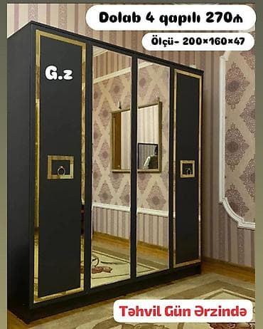 qapilari: 4 qapılı, Güzgülü, Qara, Digər material, Açılan, Düz dolab — 1