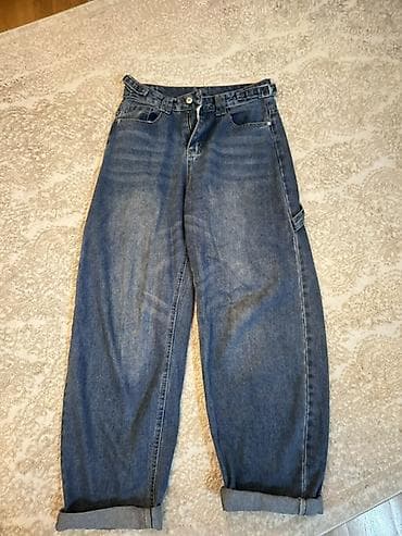 jeans: Geniş kəsimli mavi cins şalvar - Klassik orta tünd mavi rəng, yüngül — 1