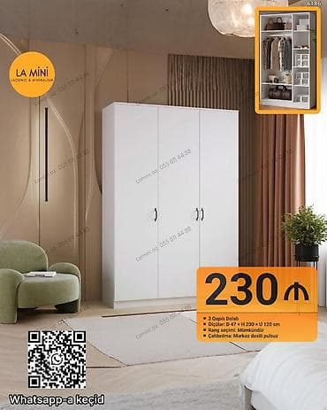 3 qapili dolablar: 3 qapılı geyim dolabı - Ölçülər: Dərinlik 47 sm, Hündürlük 200 sm, En — 1