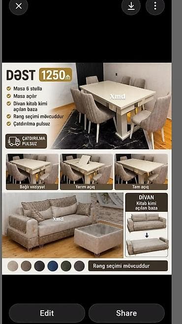 Dəst – 1250₼ Tərkibi: - Açıla bilən masa + 6 ədəd stul - Divan lalafo.az -da Dəst – 1250₼ Tərkibi: - Açıla bilən masa + 6 ədəd stul - Divan