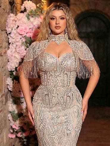 uzun toy donları: Gümüşü bəzəkli ziyafət libası - Model: ağ-krem əsaslı, gümüşü payet — 2