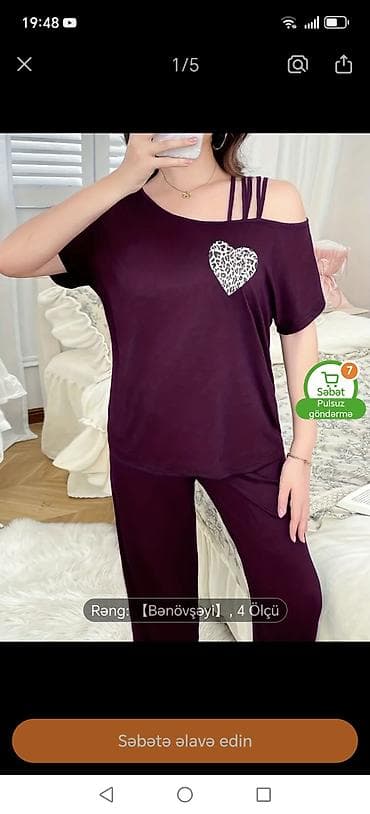 Gecəliklər: Qadın pijama dəsti – bənövşəyi - 2 hissə: qısaqoll köynək + uzun — 1