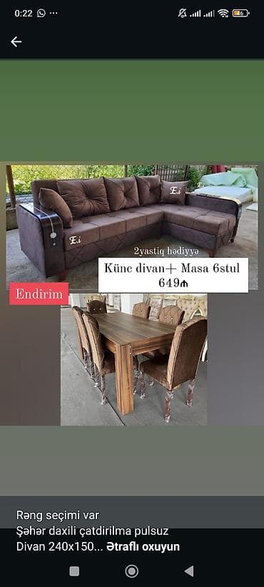 kreditle kunc divanlar: Künc divan + masa və 6 stul dəsti - Komplekt: L‑şəkilli künc divan — 1