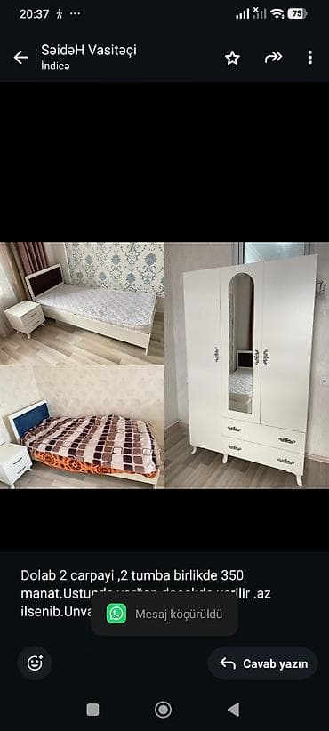 Dolab 2 carpayi2 tumba birlikde 350 manat.Ustunde yorğan dosekde