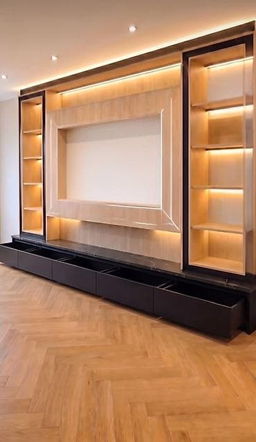 Məhsul: Elektrik biokaminli müasir TV divar paneli və saxlama sistemi — 5