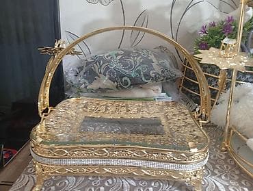 quru: Qızılı rəngdə dekorativ şirniyyat/süfrə sinisi - Material: metal — 6