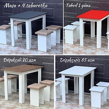 Masa + 4 taburetka Döşəkçəli 70azn Döşəkçəsiz 65azn Ölçü: 90x60sm /
