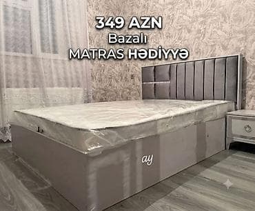 Bazalı çarpayı – 349 AZN • Rəng: Boz tonlarda, yumşaq başlıqla •