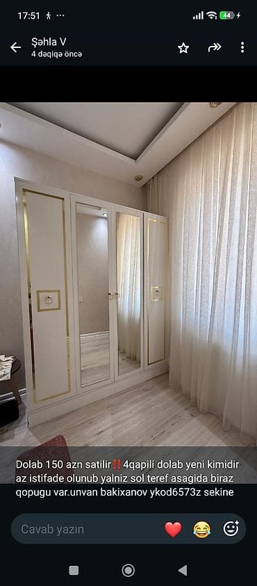 077 613 12 74 . 4 qapılı paltar dolabı idiyal vəziyətə - Rəng: ağ lalafo.az -da 077 613 12 74 . 4 qapılı paltar dolabı idiyal vəziyətə - Rəng: ağ