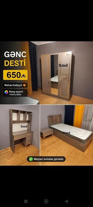 Gənc dəsti – 650₼ Matras hədiyyə! Komplekt: - 3 qapılı şkaf: ortada