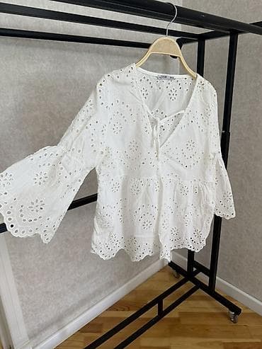 Ağ rəngli pambıq broderiya bluz - Nəfəsalan, yüngül pambıq parçadan -