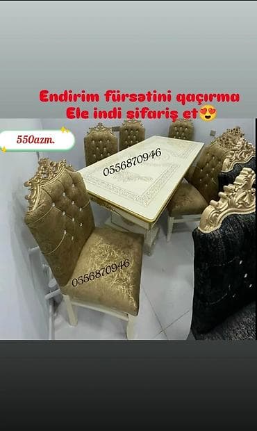 Qonaq otağı üçün, Yeni, Açılmayan, Dördbucaq masa, 6 stul