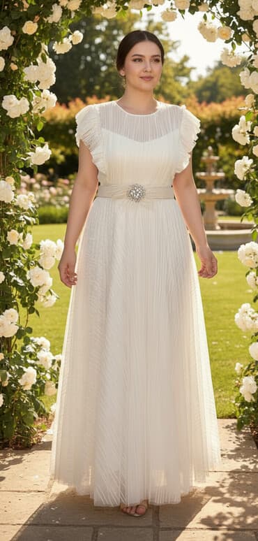 Ağ rəngli zərif ziyafət/gecə paltarı - Uzun, axıcı ətəkli dizayn -