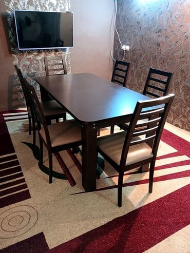 Qonaq otağı üçün, İşlənmiş, Açılan, Dördbucaq masa, 6 stul