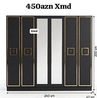 Qarderob şkafı – 6 qapılı, güzgülü model - Ölçülər: 240 sm (eni) x 200