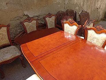 manqal satilir: Qonaq otağı üçün, İşlənmiş, Açılan, Dördbucaq masa, 8 stul — 1
