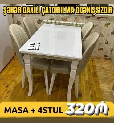 Mətbəx üçün, Yeni, Açılmayan, Dördbucaq masa, 4 stul