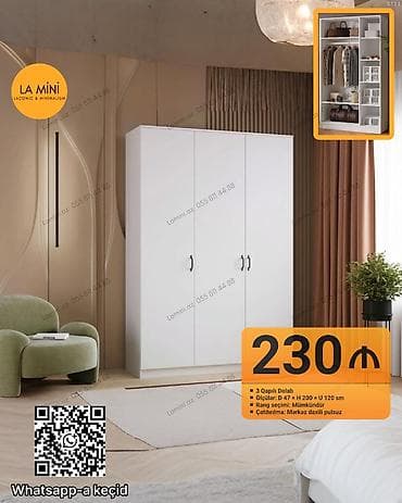 3 qapılı geyim dolabı - Ölçülər: dərinlik 47 sm × hündürlük 200 sm ×
