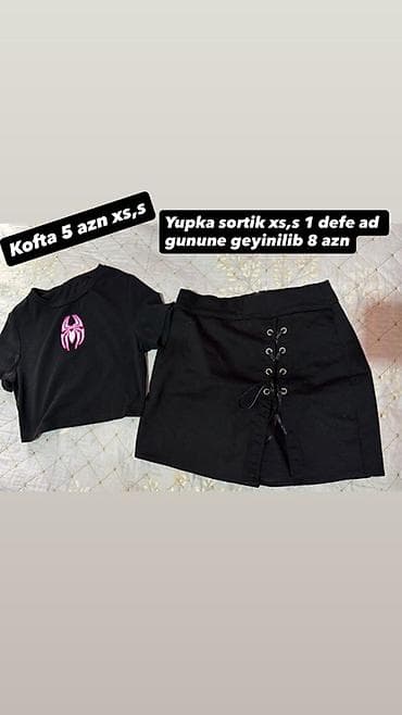 don geyim: - Qara qısa kofta, sinədə çəhrayı hörümçək loqosu. Ölçü: XS/S. Qiymət — 1