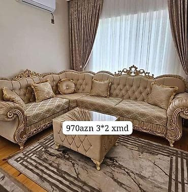 divan olcusu: Klassik üslubda L formalı yumşaq mebel dəsti - Ölçü: təxminən 3 x 2 — 1