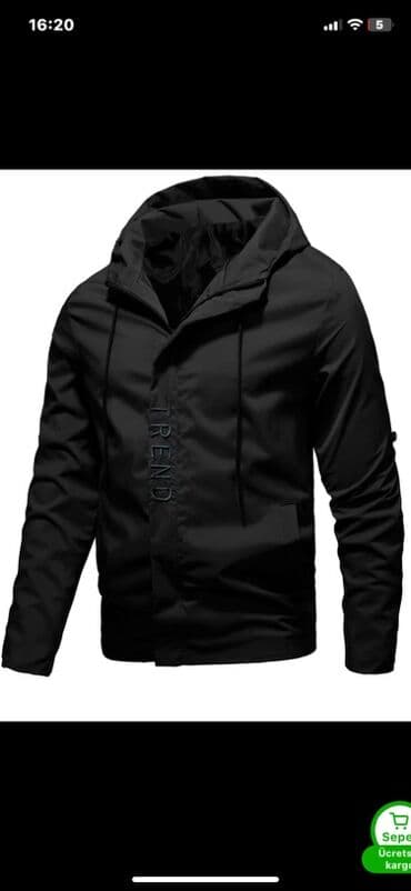 kurtka baku: Qara rəngli kişi küləklık/jaket - Minimalist dizayn, mat qara rəng - — 1