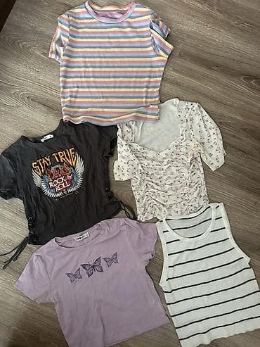 Qadın T-shirt və top seti – 5 ədəd - Çoxrəngli zolaqlı qısaqol