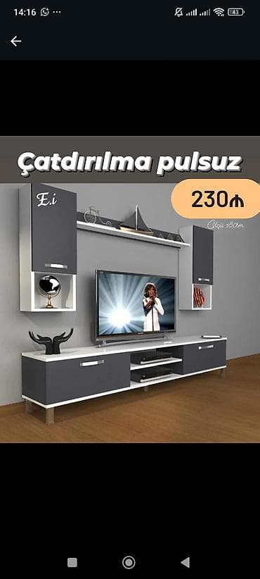 divar refleri: TV stendi və asma divar dolabı dəsti - Ümumi ölçü: 180 sm (şəkildə — 1