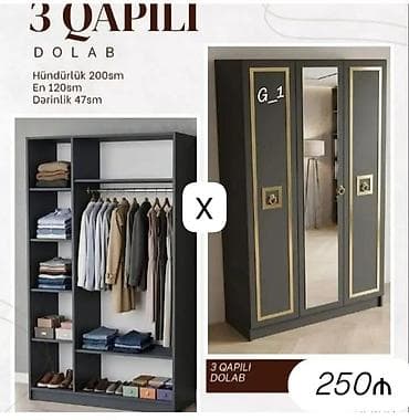 3 qapılı dolab. Ölçüləri: - Hündürlük: 200 sm - En: 120 sm -