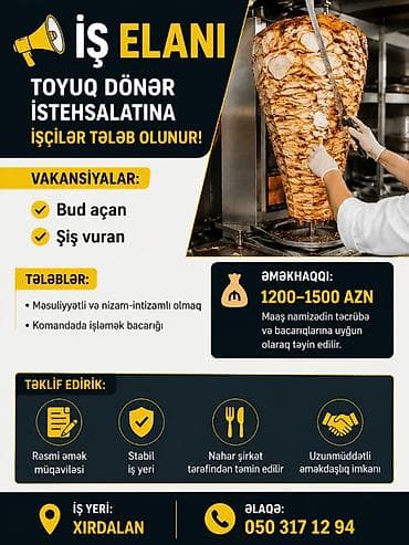 📢 İş Elanı 🍗 Toyuq dönər istehsalatına işçilər tələb olunur!