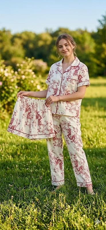 dəst geyimler: Qadın pijama dəsti – 3 hissəli - Komplekt: qısaqol köynək (düyməli — 3