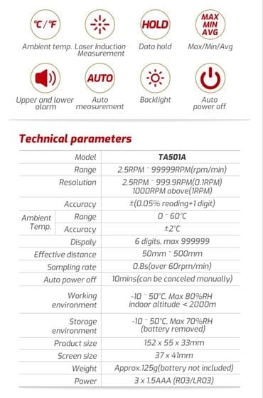 прибор: Təmassız taxometr. Model: TASI TA501A ▪︎ Xüsusiyyətləri: - Iki — 4
