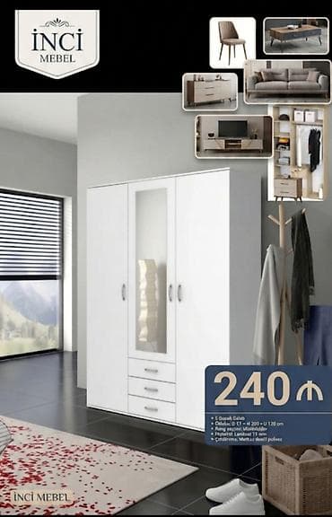 Yeni, 5 qapı, Güzgülü, Ağ, Açılan, Düz dolab — 1