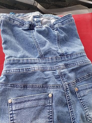 Yüksək belli, düyməli cins kombinezon-şort - Material: klassik mavi