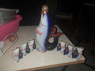 icki: Porselėn balıq formalı likyor dəsti - Dəst: 1 böyük qrafin + 6 kiçik — 1