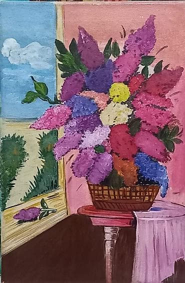 tort sekili: Rəsm əsəri – “Pəncərə kənarında çiçəklər” - Texnika: kətan üzərində — 1