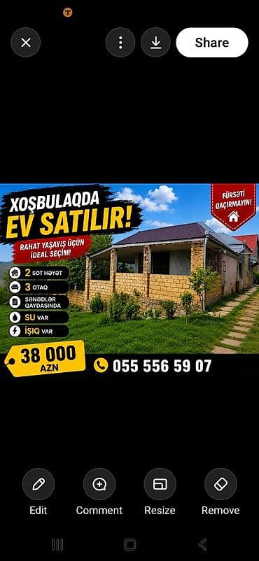 xosbulaq: Xoşbulaqda ev satılır! - Həyətyanı sahə: 2 sot - Otaq sayı: 3 - — 1