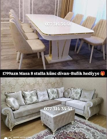 divan ustu: Dəst mebel paketi - Yemək masası + 8 ədəd stul - Parlaq ağ masa — 1