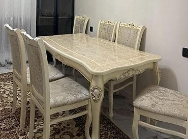 mərmər masa: Klassik üslubda yemək otağı dəsti - Komplekt: 1 masa + 6 stul - Rəng — 1